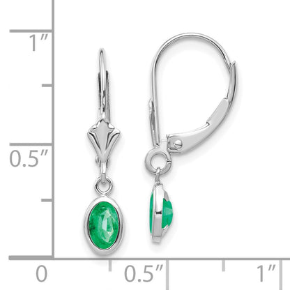 14K White Gold 6X4 Oval Bezel May/Emerald Leverback Earrings
