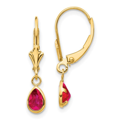 14K Yellow Gold 6X4mm Ruby/July Leverback Earrings