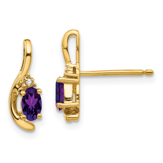 14K Yellow Gold Amethyst And Diamond Post Earrings