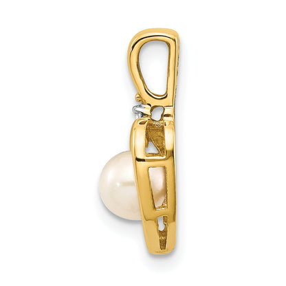14K Yellow Gold Fw Cultured Pearl And Diamond Heart Pendant