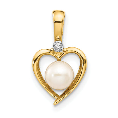 14K Yellow Gold Fw Cultured Pearl And Diamond Heart Pendant