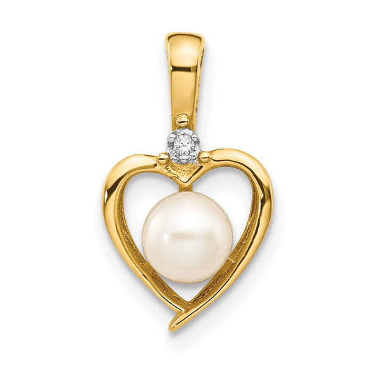 14K Yellow Gold Fw Cultured Pearl And Diamond Heart Pendant