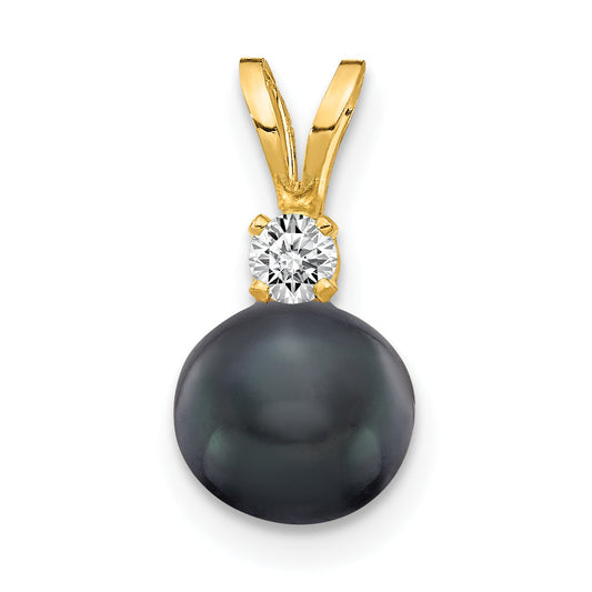 14k Yellow Gold 14k 6mm Black FW Cultured Pearl AA Diamond Pendant
