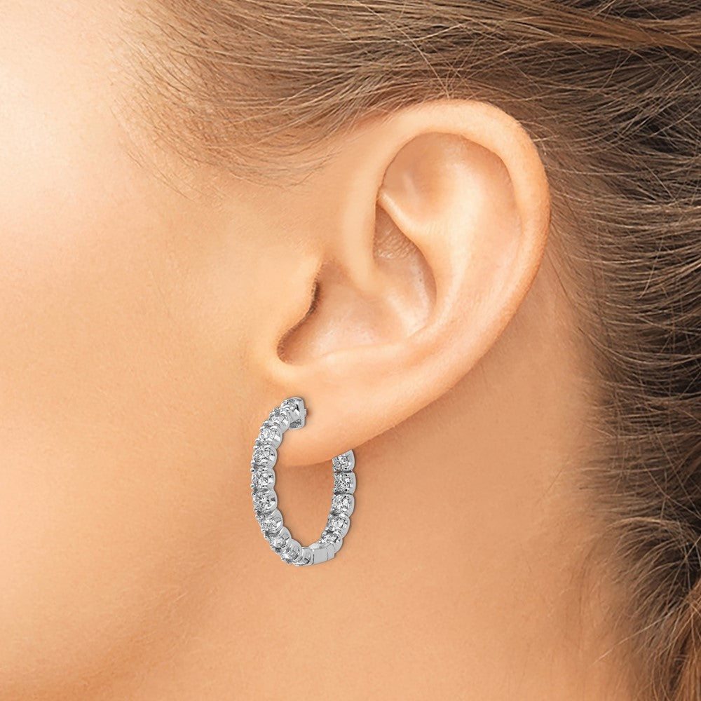 14k White Gold Diamond Round Hoop w/Safety Clasp Earrings