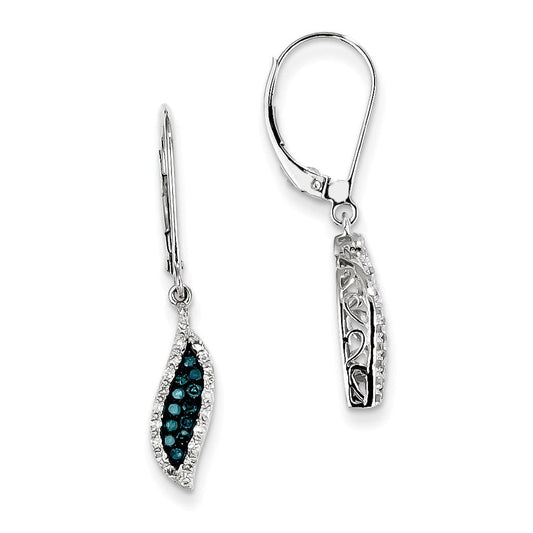 14k White Gold White & Blue Diamond Dangle Leverback Earrings
