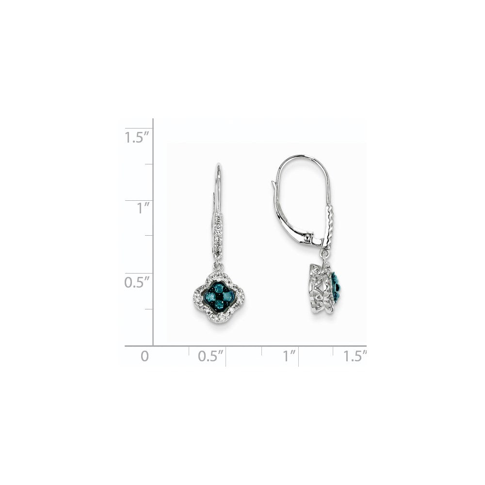 14k White Gold White & Blue Diamond Dangle Leverback Earrings