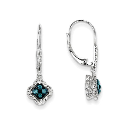 14k White Gold White & Blue Diamond Dangle Leverback Earrings