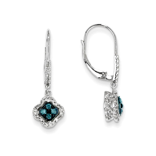 14k White Gold White & Blue Diamond Dangle Leverback Earrings