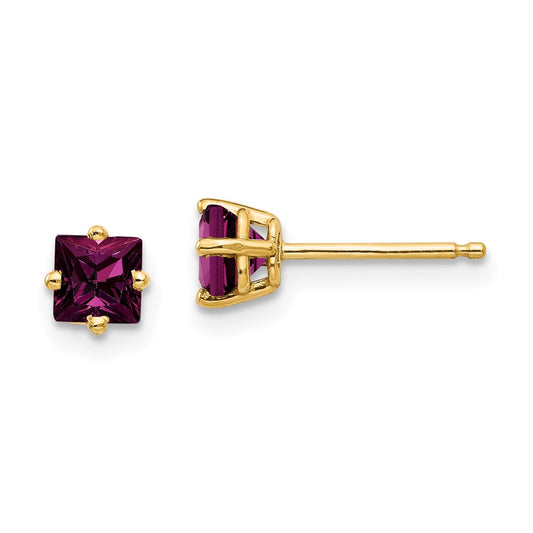 14K Yellow Gold 4mm Princess Cut Rhodolite Garnet Earring