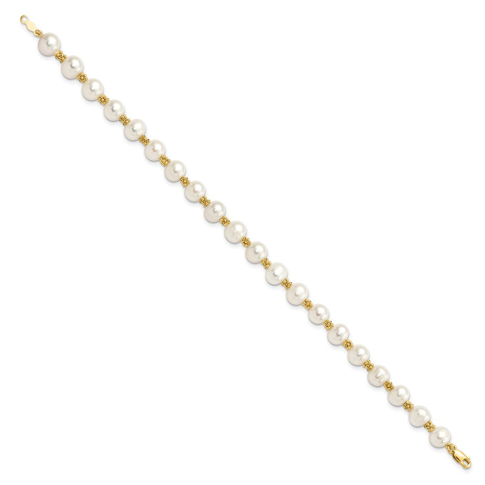 14K Yellow Gold 6 7mm White Round Freshwater Cultured Pearl 7.25 Inch Bracelet