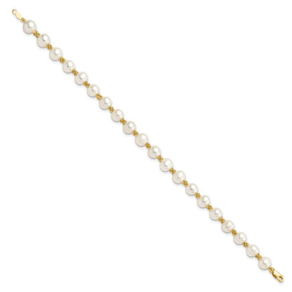 14K Yellow Gold 6 7mm White Round Freshwater Cultured Pearl 7.25 Inch Bracelet