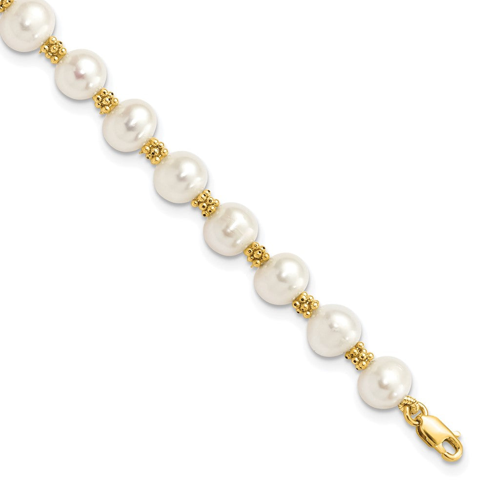 14K Yellow Gold 6 7mm White Round Freshwater Cultured Pearl 7.25 Inch Bracelet