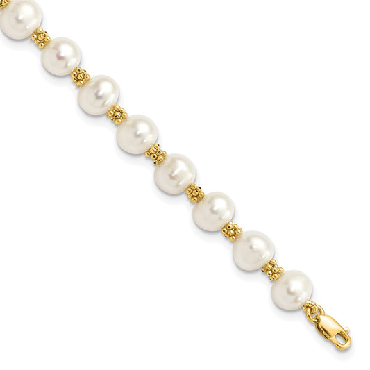 14K Yellow Gold 6 7mm White Round Freshwater Cultured Pearl 7.25 Inch Bracelet