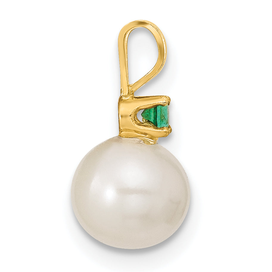 14k Yellow Gold 14k 7-8mm White Round Freshwater Cultured Pearl and .21EM Emerald Post Earrings and Pendant Set