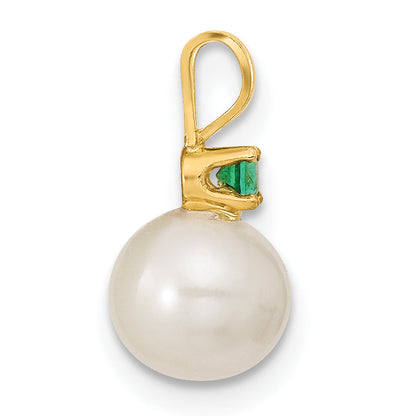 14k Yellow Gold 14k 7-8mm White Round Freshwater Cultured Pearl and .21EM Emerald Post Earrings and Pendant Set