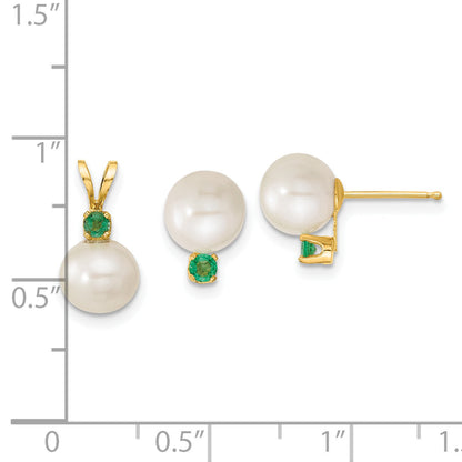 14k Yellow Gold 14k 7-8mm White Round Freshwater Cultured Pearl and .21EM Emerald Post Earrings and Pendant Set
