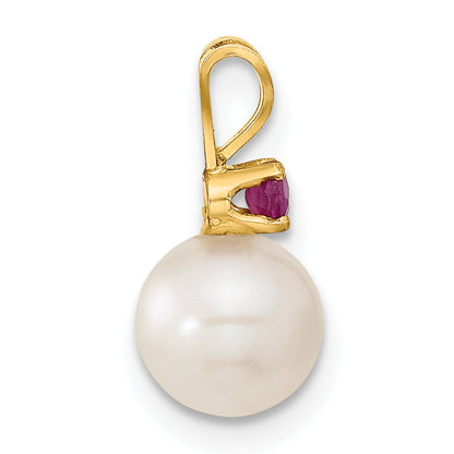 14k Yellow Gold 14k 7-8mm White Round Freshwater Cultured Pearl and .30RU Ruby Post Earrings and Pendant Set