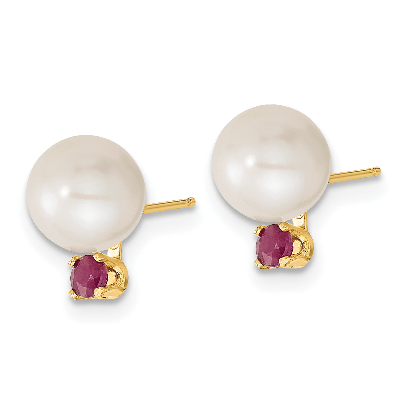 14k Yellow Gold 14k 7-8mm White Round Freshwater Cultured Pearl and .30RU Ruby Post Earrings and Pendant Set