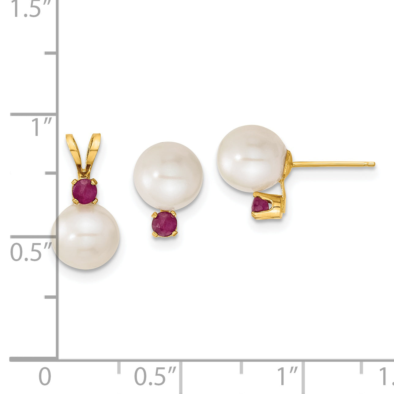 14k Yellow Gold 14k 7-8mm White Round Freshwater Cultured Pearl and .30RU Ruby Post Earrings and Pendant Set
