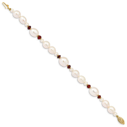 14K Yellow Gold 6 7mm White Semi Round And Rice Freshwater Cultured Pearl Garnet Beads 7.25 Inch Bracelet