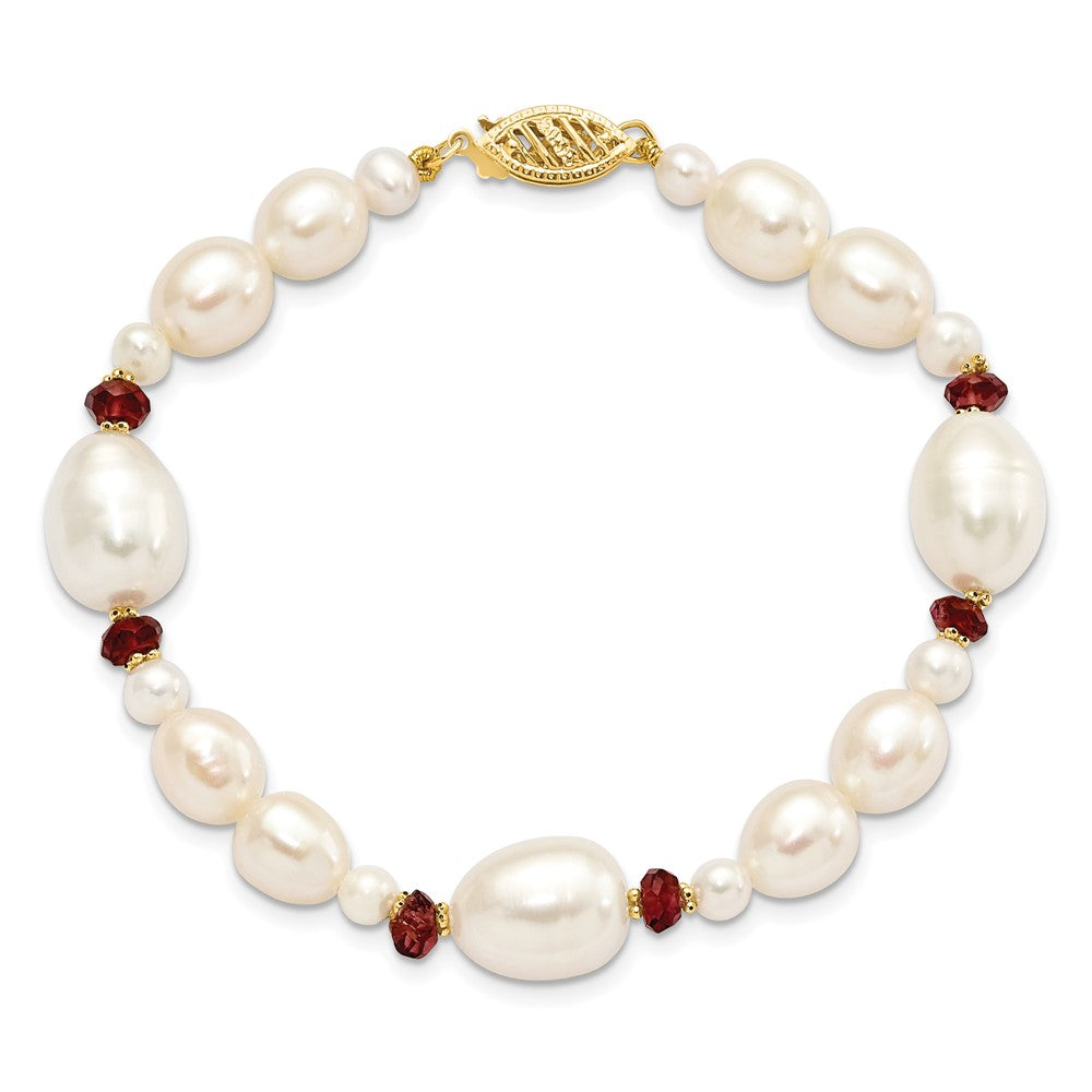 14K Yellow Gold 6 7mm White Semi Round And Rice Freshwater Cultured Pearl Garnet Beads 7.25 Inch Bracelet