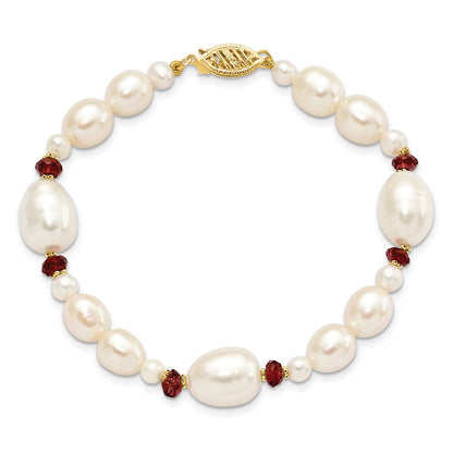 14K Yellow Gold 6 7mm White Semi Round And Rice Freshwater Cultured Pearl Garnet Beads 7.25 Inch Bracelet