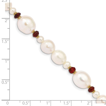 14K Yellow Gold 6 7mm White Semi Round And Rice Freshwater Cultured Pearl Garnet Beads 7.25 Inch Bracelet