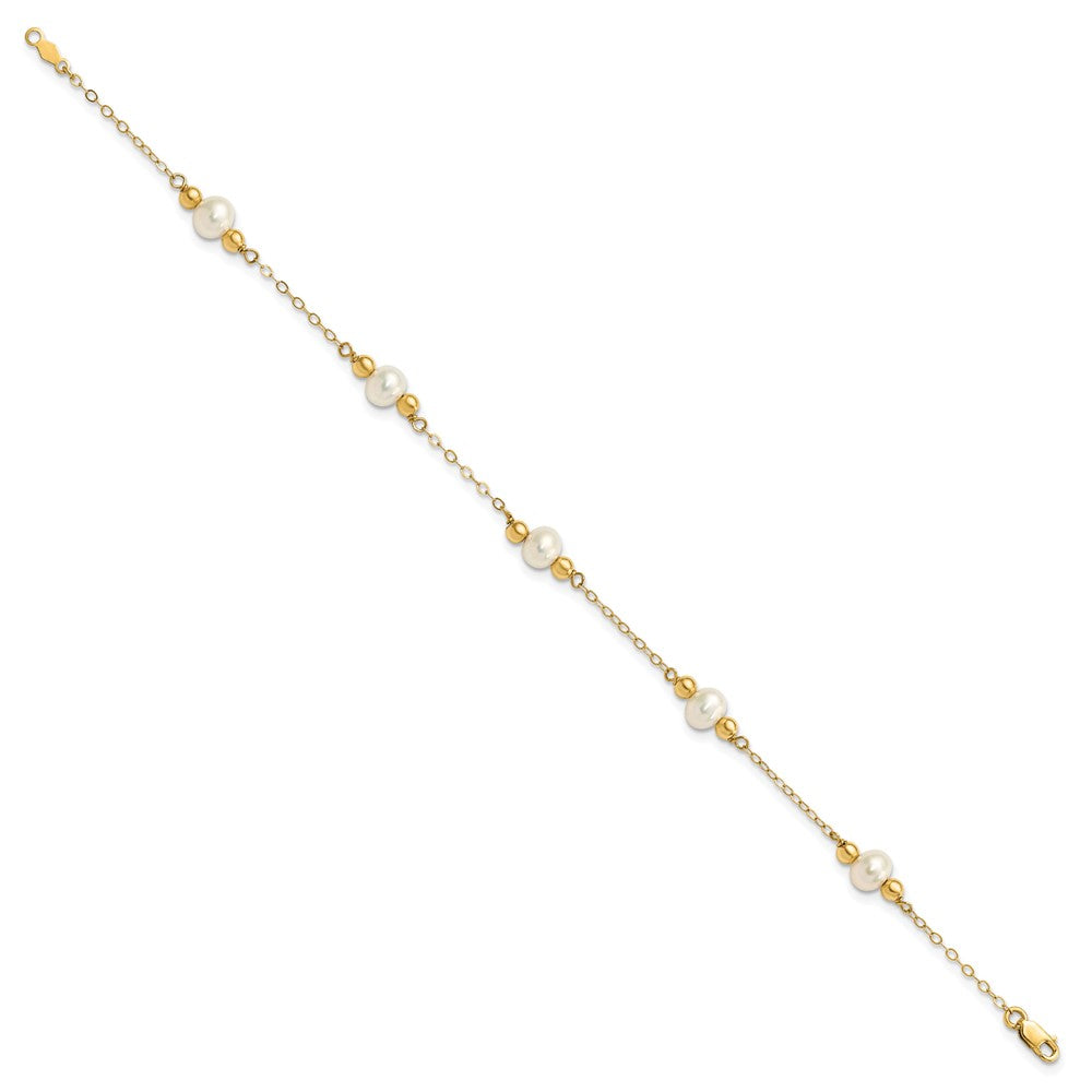 14K Yellow Gold 5 6mm White Near Round Freshwater Cultured Pearl Beaded Station 7.5 Inch Bracelet
