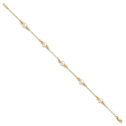 14K Yellow Gold 5 6mm White Near Round Freshwater Cultured Pearl Beaded Station 7.5 Inch Bracelet