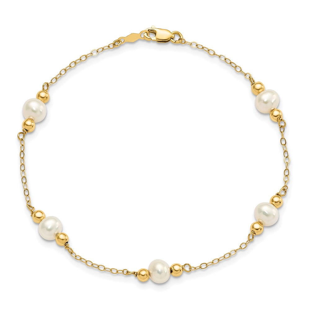 14K Yellow Gold 5 6mm White Near Round Freshwater Cultured Pearl Beaded Station 7.5 Inch Bracelet