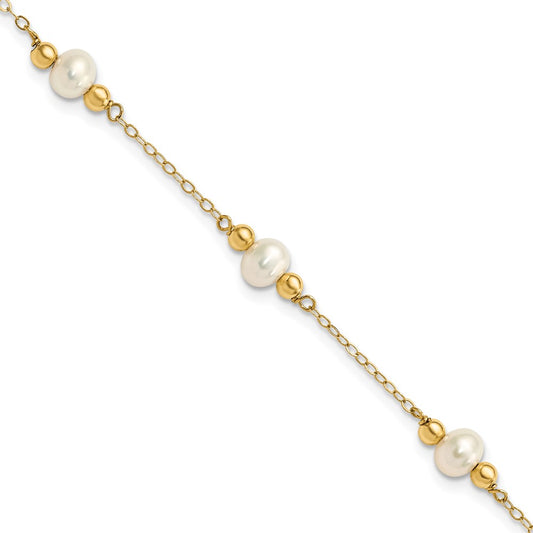 14K Yellow Gold 5 6mm White Near Round Freshwater Cultured Pearl Beaded Station 7.5 Inch Bracelet