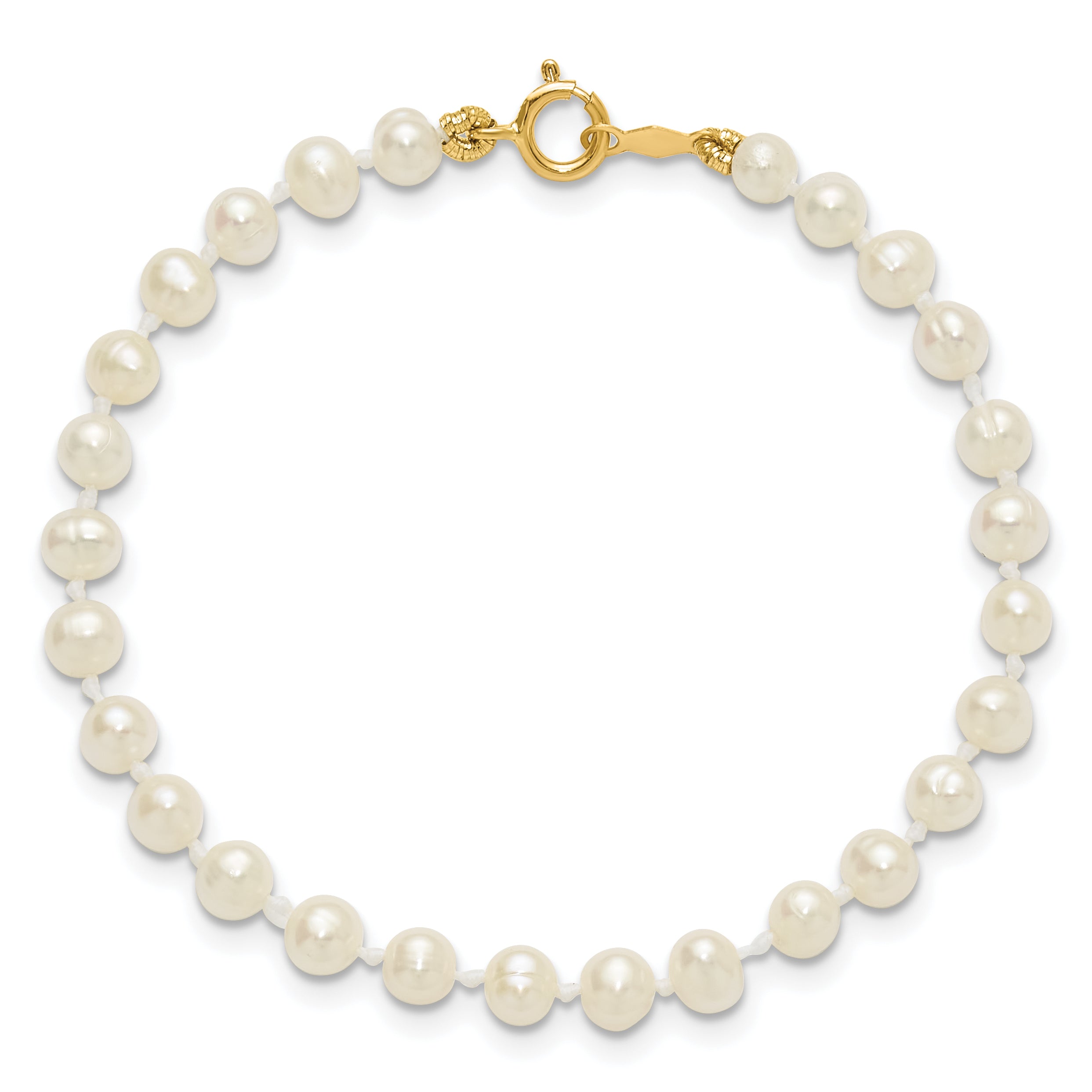 14K Yellow Gold 3 4mm White Semi Round Freshwater Cultured Pearl 4 Inch Bracelet