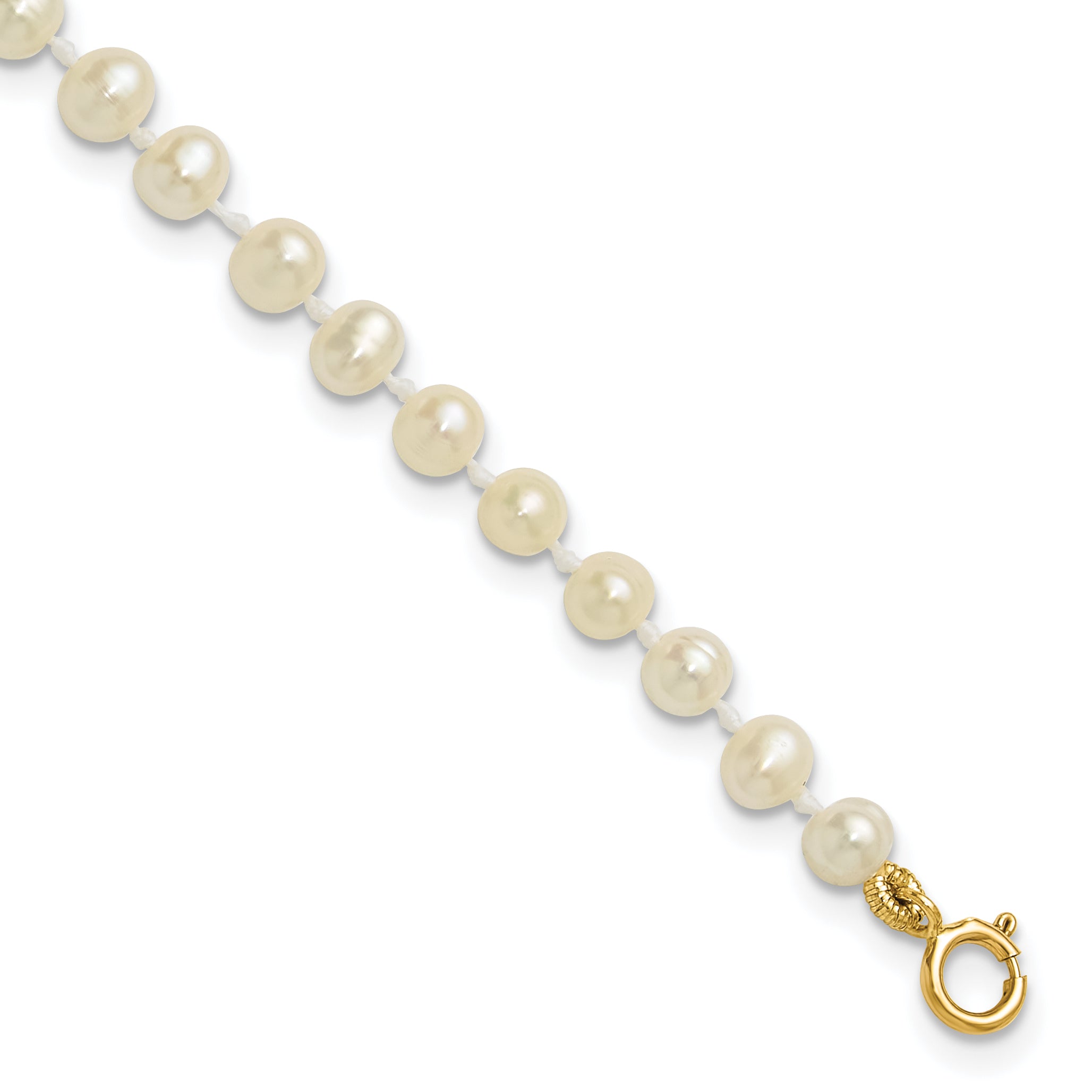 14K Yellow Gold 3 4mm White Semi Round Freshwater Cultured Pearl 5 Inch Bracelet