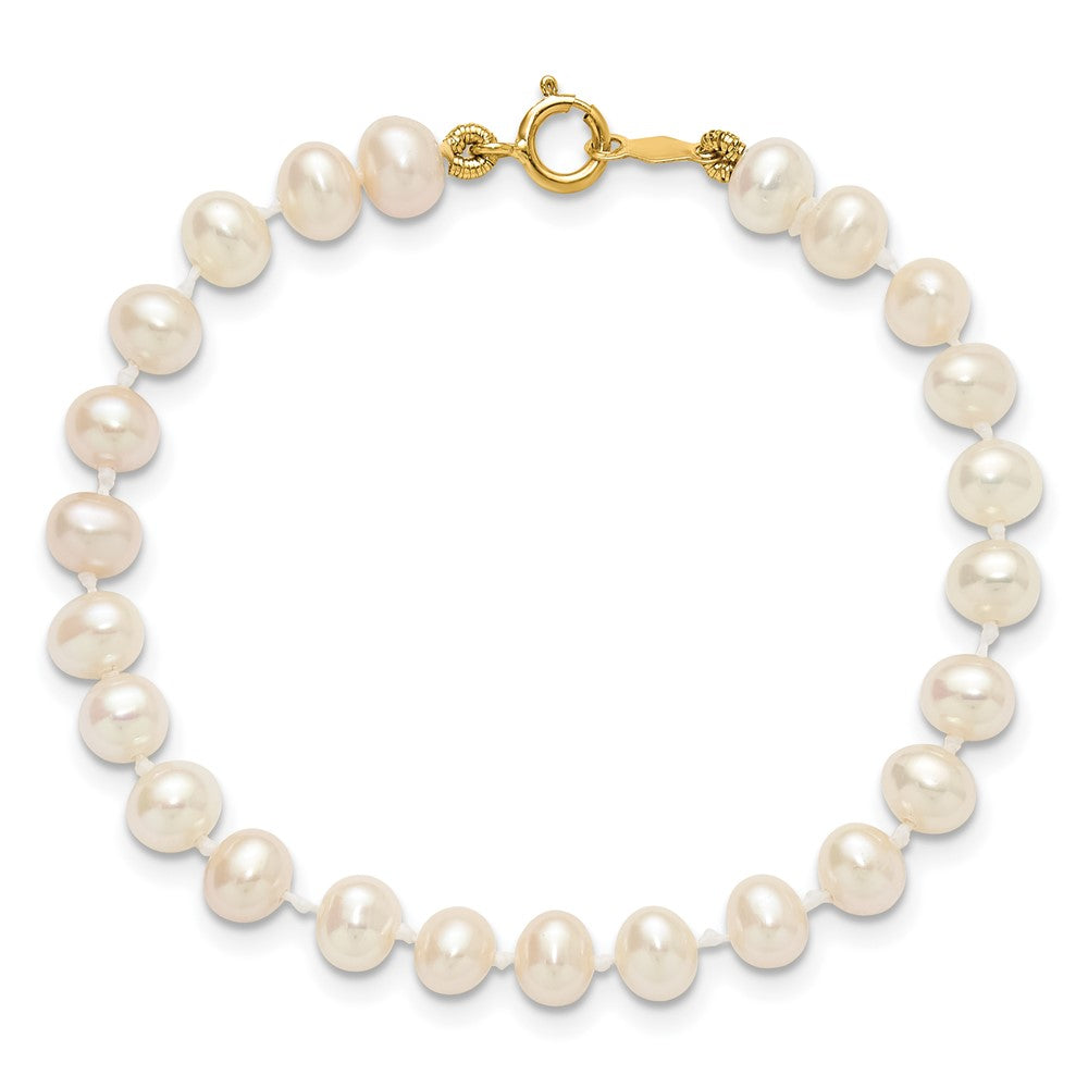 14K Yellow Gold 4 5mm White Semi Round Freshwater Cultured Pearl 5 Inch Bracelet