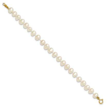 14K Yellow Gold 5 6mm White Semi Round Freshwater Cultured Pearl Inch Bracelet