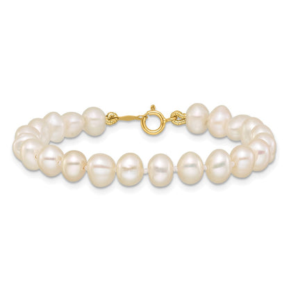 14K Yellow Gold 5 6mm White Semi Round Freshwater Cultured Pearl Inch Bracelet