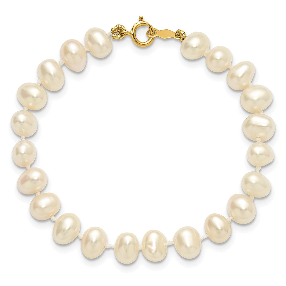 14K Yellow Gold 5 6mm White Semi Round Freshwater Cultured Pearl Inch Bracelet