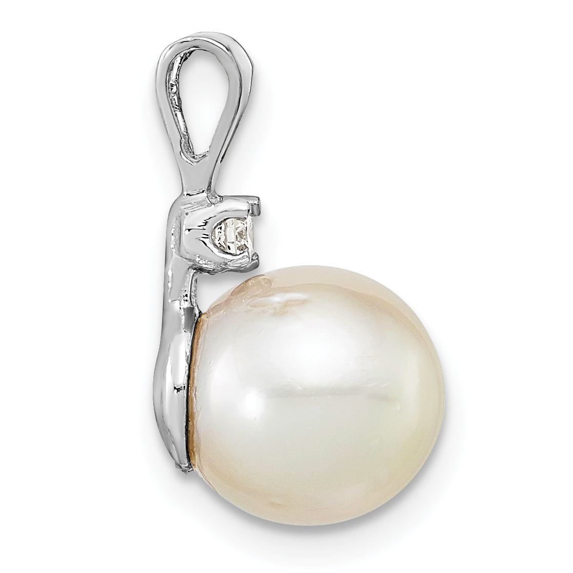 14k White Gold 14k White Gold 9-10mm White Round South Sea Saltwater Cultured Pearl and .05 Carat Diamond Pendant