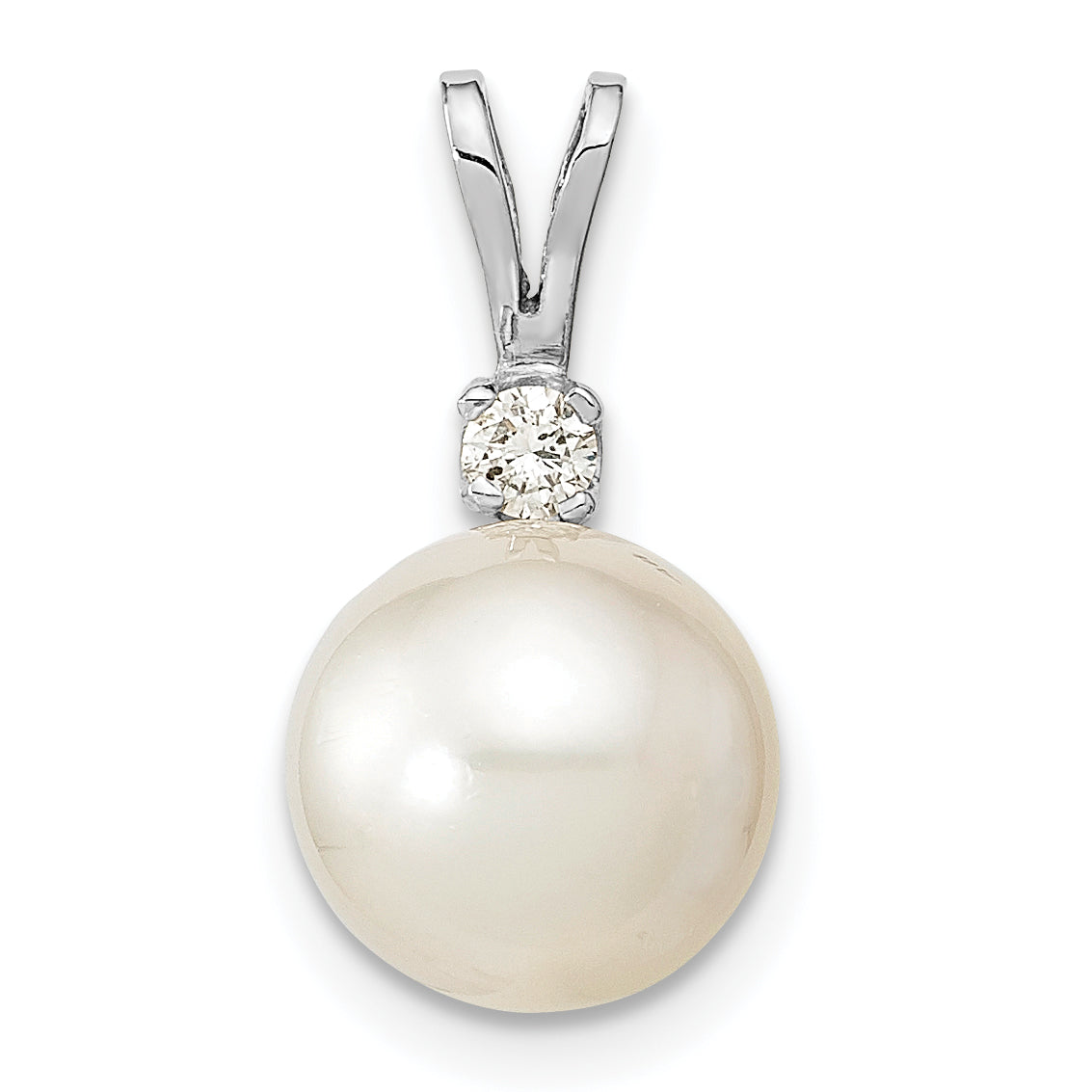 14k White Gold 14k White Gold 9-10mm White Round South Sea Saltwater Cultured Pearl and .05 Carat Diamond Pendant