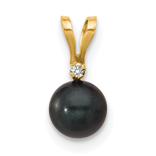 14k Yellow Gold 14k 5-6mm Black Round Akoya Saltwater Cultured Pearl and .01 Carat Diamond Pendant