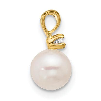 14K Yellow Gold 6 7mm White Round Akoya Saltwater Cultured Pearl And .03 Carat Diamond Pendant