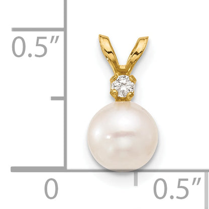 14K Yellow Gold 6 7mm White Round Akoya Saltwater Cultured Pearl And .03 Carat Diamond Pendant