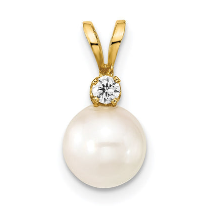 14K Yellow Gold 7 8mm White Round Akoya Saltwater Cultured Pearl And 1/20 Carat Diamond Pendant