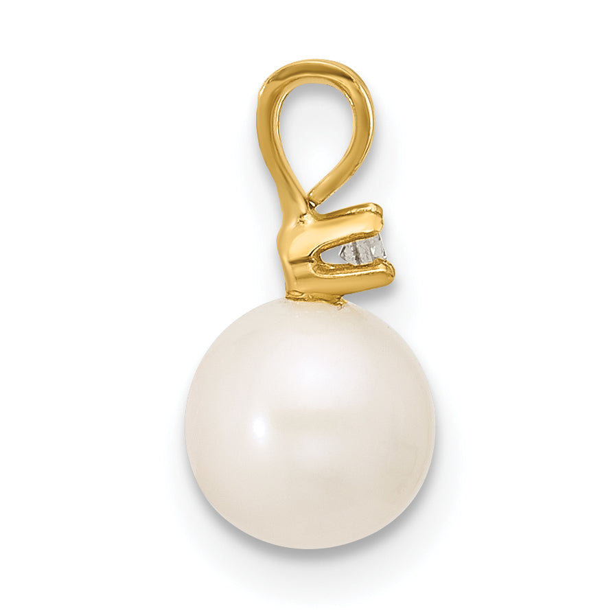 14K Yellow Gold 6 7mm White Round Freshwater Cultured Pearl And .03 Carat Diamond Pendant