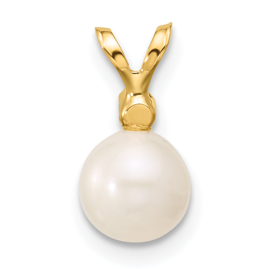 14K Yellow Gold 6 7mm White Round Freshwater Cultured Pearl And .03 Carat Diamond Pendant