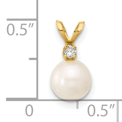 14K Yellow Gold 6 7mm White Round Freshwater Cultured Pearl And .03 Carat Diamond Pendant