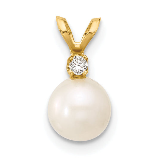 14K Yellow Gold 6 7mm White Round Freshwater Cultured Pearl And .03 Carat Diamond Pendant