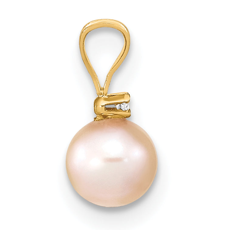 14K Yellow Gold 5 6mm Pink Round Freshwater Cultured Pearl And .01 Carat Diamond Pendant
