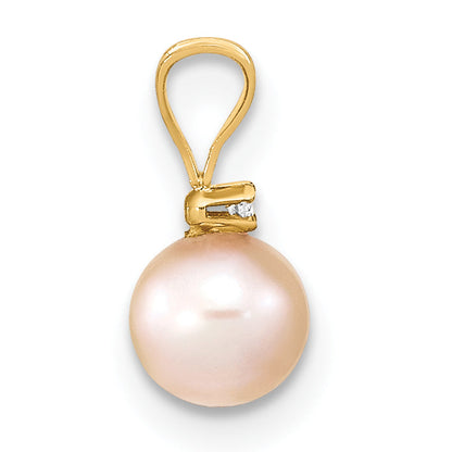 14K Yellow Gold 5 6mm Pink Round Freshwater Cultured Pearl And .01 Carat Diamond Pendant