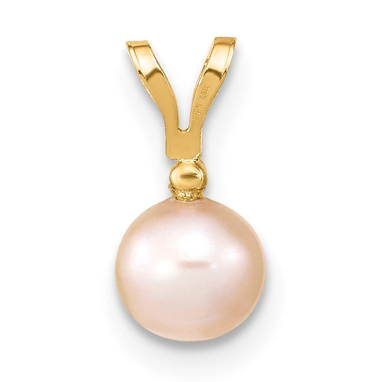 14K Yellow Gold 5 6mm Pink Round Freshwater Cultured Pearl And .01 Carat Diamond Pendant